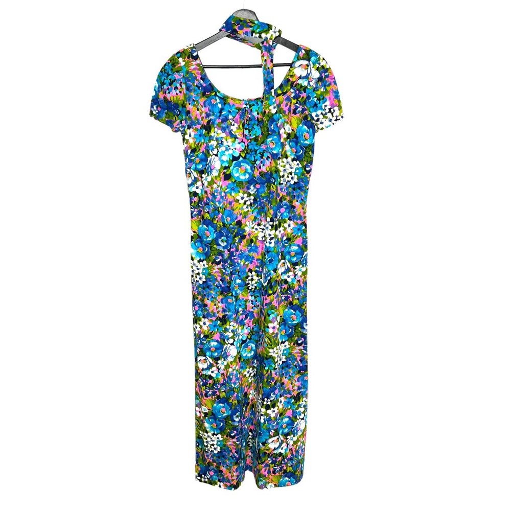 Vintage 60s Handmade Barkcloth Blue Floral Short Sleeve Full Length Dress Medium - Picture 1 of 9